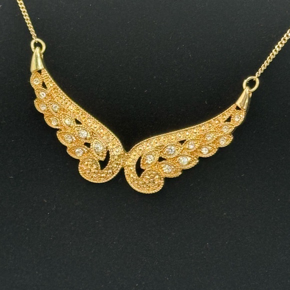 Gold & Rhinestone Wing Pendant Necklace 8” - Picture 2 of 6